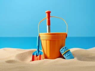 Bright orange bucket and colorful beach toys in the sand, AI-generated.