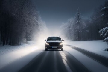 Fototapeta na wymiar A car traveling on a winter road through the fog, generative AI
