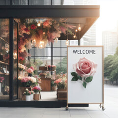 street outdoor view of a generic flower or roses shop display welcome window with signboard mockup. ai generative