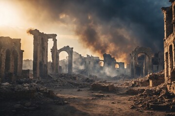 Fototapeta premium view of destroyed by war city ruins of buildings and smoke in air. ai generative