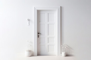 Fototapeta na wymiar White vintage entrance door on minimal style Light color wall background. ai generative
