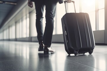 Man walking with Suitcase luggage is in the airport terminal, with airplanes outside the window on background