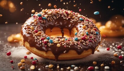 delicious colorful donut, exploding ingredients 

