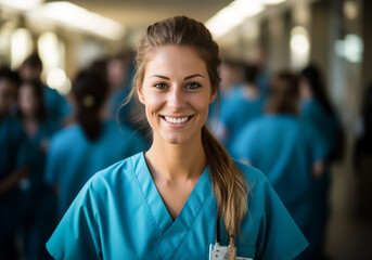 Portrait of a young nurse, dressed in uniform, next to her team at the hospital. AI generative