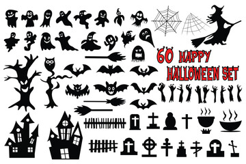  Big set of silhouettes of Halloween on a white background. Vector illustrations for Halloweens party, set of Halloween silhouette on white background. Halloween black icon set. Vector illustration. 
