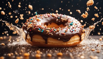 delicious colorful donut, exploding ingredients 

