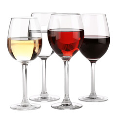 Delicious wine glasses with different types of wine: white, red, sparkling... isolated on transparent background, PNG file.