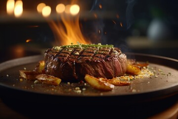 Grilled steak, seared on a pan, perfectly cooked. - obrazy, fototapety, plakaty