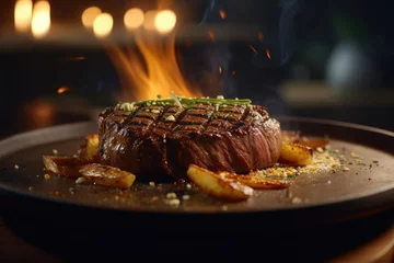 Foto op Plexiglas Grilled steak, seared on a pan, perfectly cooked. © Sumet