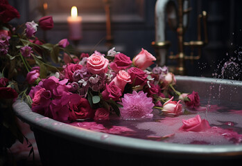 bathtub strewn with roses,
