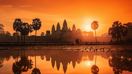 Angkor Wat, Cambodia, during the golden hour at sunrise, warm hues, intricate stone carvings visible, mist lifting off the moat, reflection in water