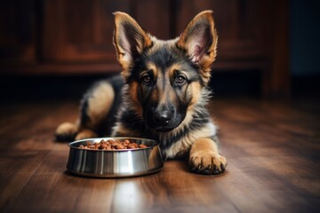 Puppy German Shepherd dog lying behind the bowl with kibble dog food, looking at the camera. - obrazy, fototapety, plakaty