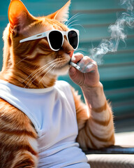 Orange cat wearing sunglasses smoking a cigarette