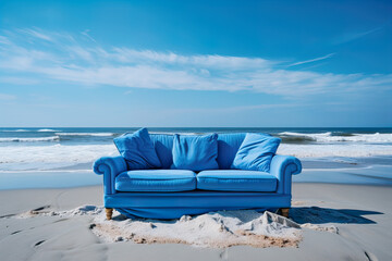 Fototapeta na wymiar Blue sofa on the beach with blue sky. Generative AI
