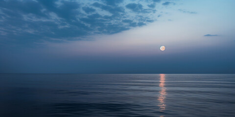 Full moon rising over ocean, calm waters, soft clouds, misty air, ethereal lighting, soothing atmosphere