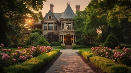 Light filtering roller blinds Garden rand Victorian mansion, lush gardens in the front, cobblestone pathway leading to the entrance, pristine condition, golden hour lighting, details carved on wooden doors