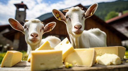 cheese products on the background of goats. Generative AI - obrazy, fototapety, plakaty