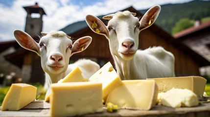 Fotobehang cheese products on the background of goats. Generative AI © Артур Комис