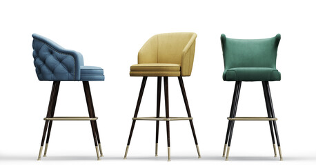 Bar Stool 3d render front left ,right ,back 3d view. Bar stool furniture render isolated on white. High chair. Bar interior design. White background