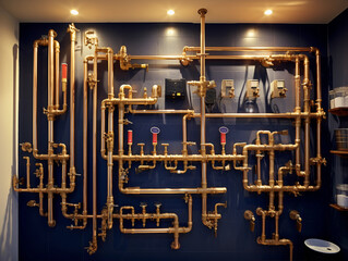 modern plumbing setup, PEX pipes with brass fittings, behind-the-wall perspective, well-lit like architectural blueprints