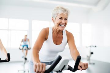 Smiling happy healthy fit slim senior woman with grey hair practising indoors sport with group of people on an exercise bike in gym.