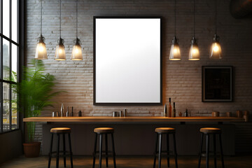 A loft bar interior with a vertical empty poster mockup,