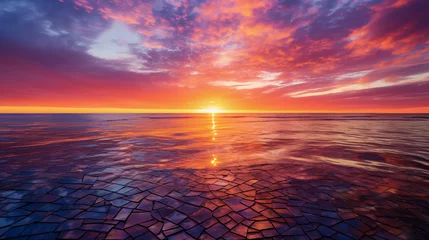 Poster sprawling ocean sunset, tesserae in shades of orange, red, and purple, capturing the natural gradient of the sky meeting the sea, golden sun reflections on water © Marco Attano