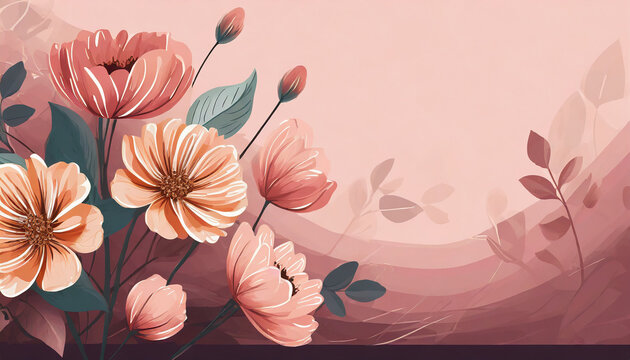 banner with beautiful flowers on a pink background, no text. Romantic vector design for header of website, wallpapper