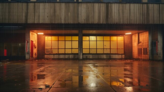 the lights on anson a building in the rain are glowing