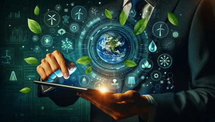 A business man with a tablet from which holographic icons related to ecology and sustainable development come out.