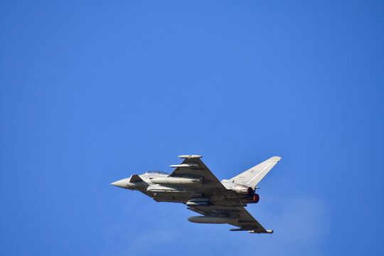 September 16, 2023, Skopje,  Macedonia, Stenkovec Sports Airport, a Grand Airshow was held. Eurofighter EF2000 Typhoon from the Italian Air Force flies low over the spectators.