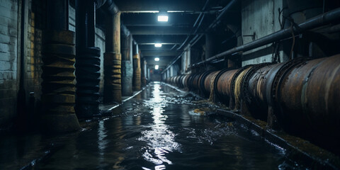 underground sewer pipes, dark and grimy, rats and murky water, harsh artificial lighting casting...