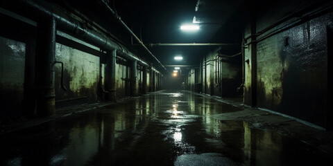 underground sewer pipes, dark and grimy, rats and murky water, harsh artificial lighting casting ominous shadows