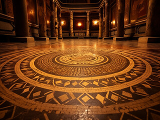 Obraz premium mosaic floor, intricate geometrical patterns, terracotta, ochre, and black tiles, warm ambient indoor lighting
