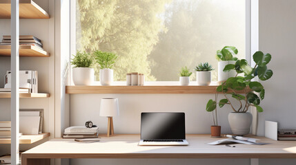 minimalist home office, Scandinavian design, white desk, Macbook Pro 16-inch, houseplants on wooden shelves, light streaming through sheer curtains, natural daylight