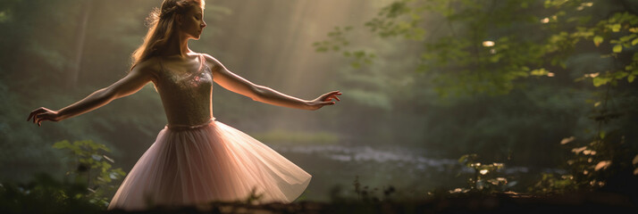 Solo ballerina, striking a final pose in a forest, magical atmosphere, beams of sunlight filtering through trees, soft focus