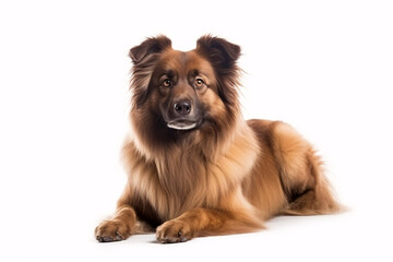 A brown, fluffy canine is against a pristine white background.