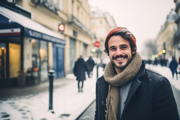 Portrait of young happy smiling man in winter clothes at street Christmas market in Paris. Real...