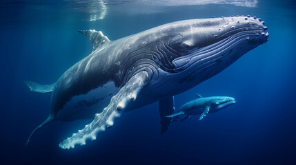 Two humpback whales, mother and calf, intimate moment, soft aquatic lighting