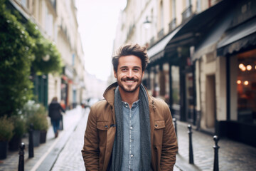 Portrait of a attractive smiling man standing on the city street in Paris	