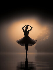 A ballerina's silhouette against a full moon, ethereal, misty lake surface, midnight setting