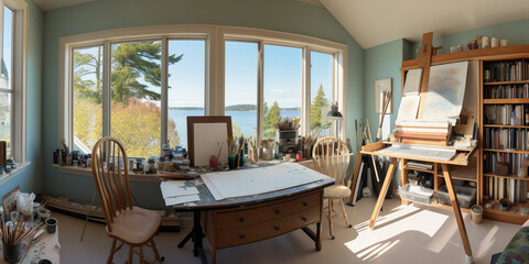 Fototapeta premium A panoramic view of an artistic home office, easel, paint supplies, finished and unfinished canvases, north-facing window, daylight