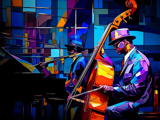 Abstract mosaic capturing the essence of a jazz band, saxophonist, drummer, and pianist, vivid hues of purple, blue, and yellow