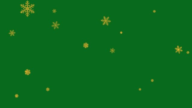 Large sparkling golden snowflakes animation on a green. Christmas glowing snowflakes transition with key color. Key color, Chroma key.
