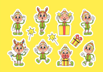 Set of Stickers Retro-style Christmas Elves Cartoon Characters Wear Vintage Outfits, With Classic Pointed Hats