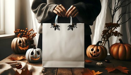Person in dark clothes is holding a white gift bag mockup halloween photo, ai generated
