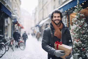 Fototapeta premium Young happy smiling man in winter clothes at street Christmas market in Paris. Christmas shopping. concept, holding gift box.