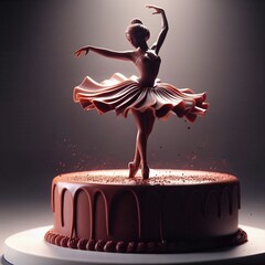 A delicate chocolate ballerina sculpture on a chocolate cake. Festive chocolate cake. Chocolatier handcrafting. Skilled master confectioner. Praline maker art. Dancing chocolate woman. Generative AI