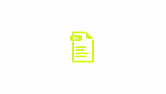 Animation of jpg file symbol. White background. Motion graphic of file appearing in white screen. Jpg file document symbol.
