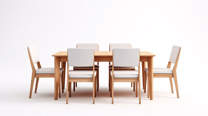 A white-backgrounded, wooden and fabric-covered dining table and chairs isoleted.